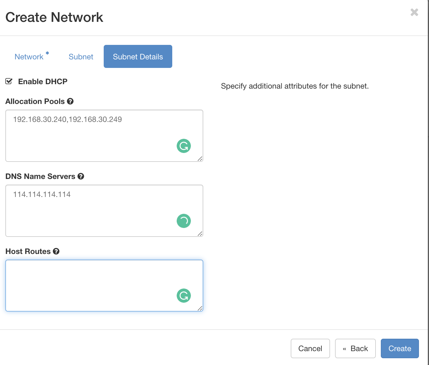 OpenStack Create Public network subnet details